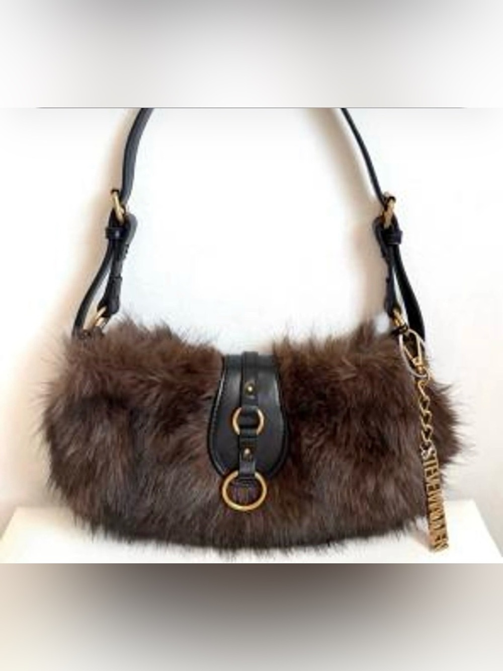 Steve Madden Brown Faux Fur Shoulder Bag with Black Leather Trim